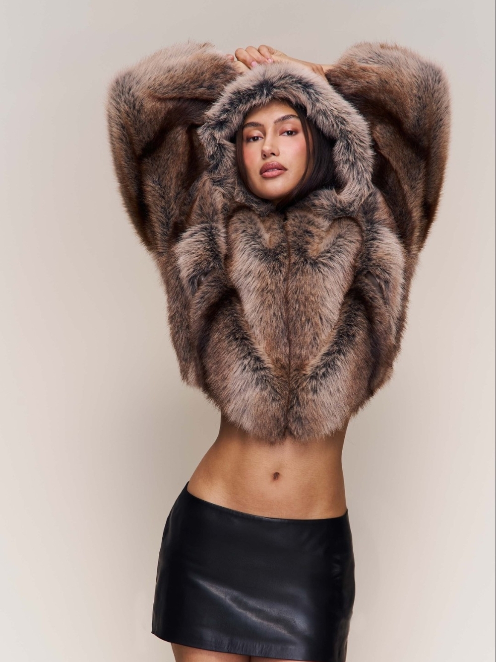 Guizio Corsette Cropped Lux Faux Fur Hooded Bomber Jacket - Brown